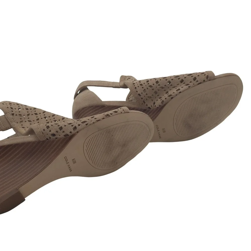 Cole Haan 8.5 Suede Peep Toe Wedge Sandals Tan Cutout Leather Upper Comfort Heel